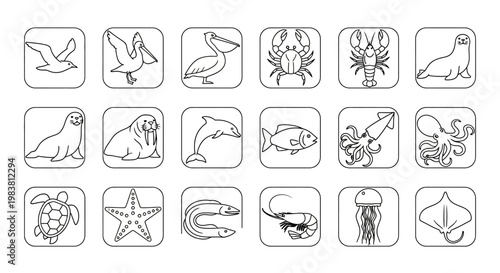 Collection of marine and sea creatures icons.