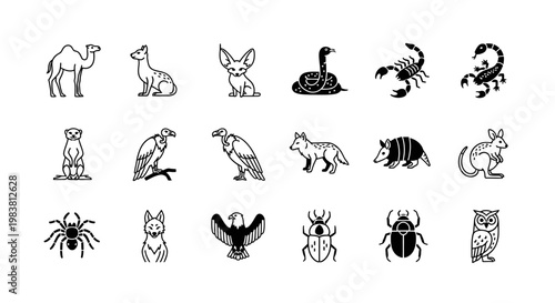 Desert Animals and Insects Icon Set.