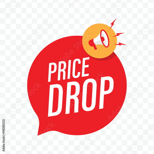 modern red speech bubble badge with price drop text and a yellow megaphone icon