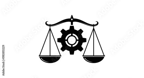 Black silhouette of balance scales with gear.