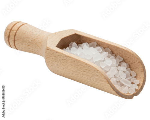 Coarse sea salt crystals in a wooden scoop isolated on a transparent background