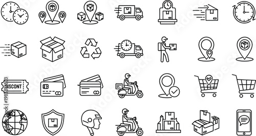 Logistics and delivery line icons set with shipping, tracking, warehouse, courier services and ecommerce symbols collection isolated