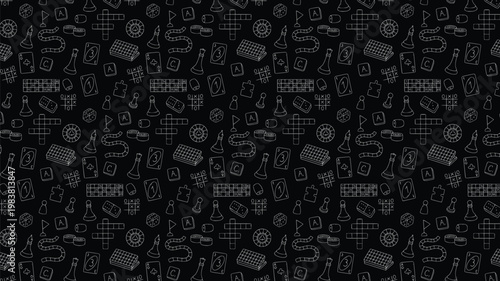 seamless black board games pattern background featuring white line art doodles of gaming icons
