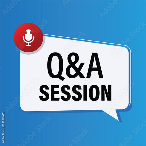 modern q and a session speech bubble badge with a red microphone icon on blue background