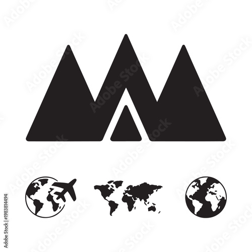 Minimalist graphic featuring mountains and world globes travel themed