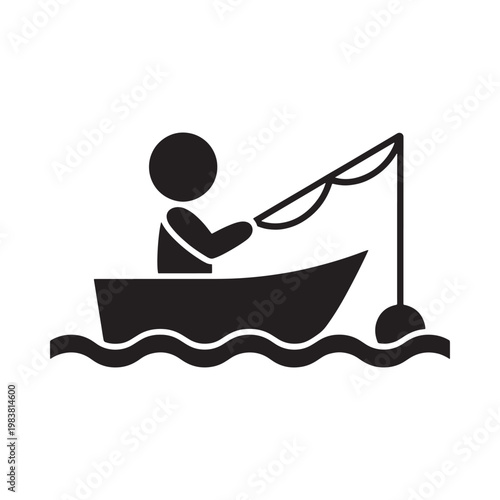 Simple black silhouette of a person fishing from a small boat