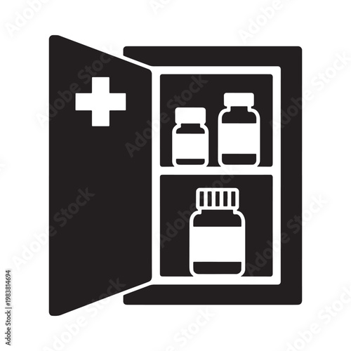 A black outline of a medical cabinet with medicine inside