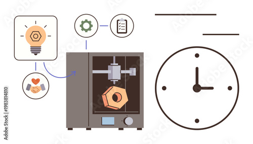 Innovation, technology, manufacturing, product design, workflow, time management. ion of a 3D printer, gear icon clock and idea generation. Innovation and technology concept