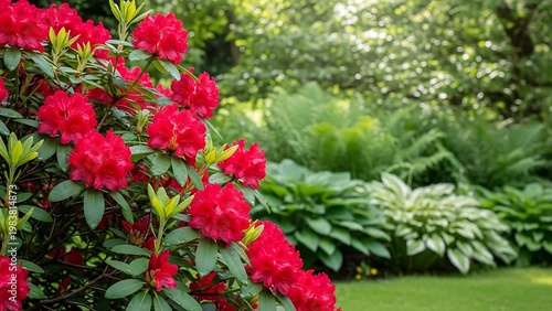 Vibrant Red Rhododendrons Blooming in a Lush Green Garden.