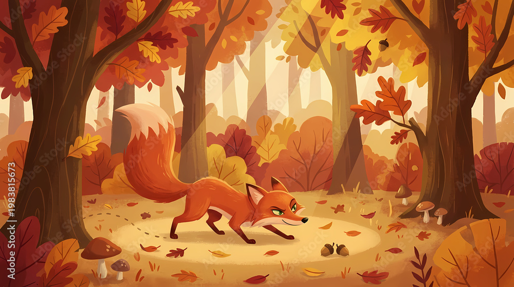 Fototapeta premium A cunning red fox walking through the autumn woods.