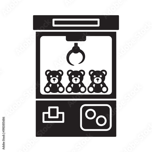 Black and white illustration of a claw machine with three teddy bears