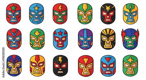 Colorful collection of vibrant Mexican wrestling masks, showcasing diverse designs and striking patterns for cultural representation
