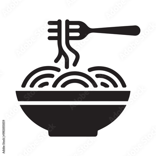 A simple black and white illustration of noodles in a bowl with a fork