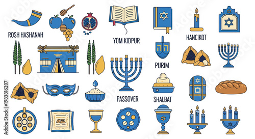 Jewish Holidays Icons Collection: Rosh Hashanah, Hanukkah, Purim, Passover, Shabbat Symbols