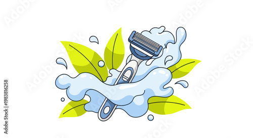 Shaver with Water Splash and Green Leaves, Close Shave and Freshness Concept