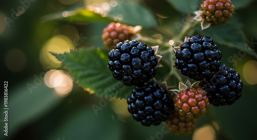 Close-up of Ripe Blackberries and Red Raspberries on a Branch