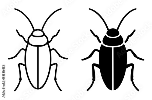 Cockroach minimalist icon, in outline and silhouette design, isolated on transparent background
