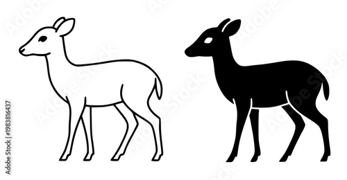 Mouse deer minimalist icon, in outline and silhouette design, isolated on transparent background