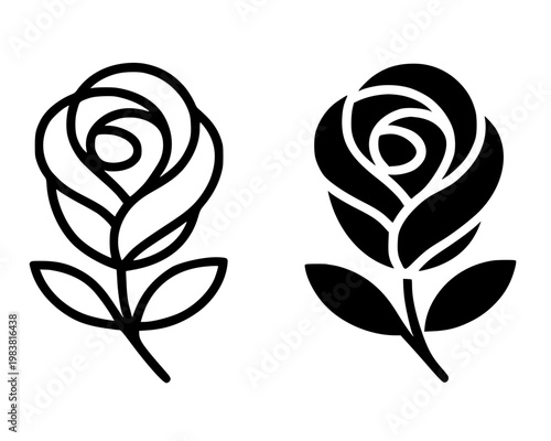 A rose minimalist icon, in outline and silhouette design, isolated on transparent background