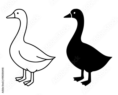 Goose minimalist icon, in outline and silhouette design, isolated on transparent background