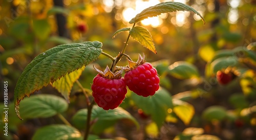 Close-up of Ripe Raspberries with Green Leaves and Golden Sunlight