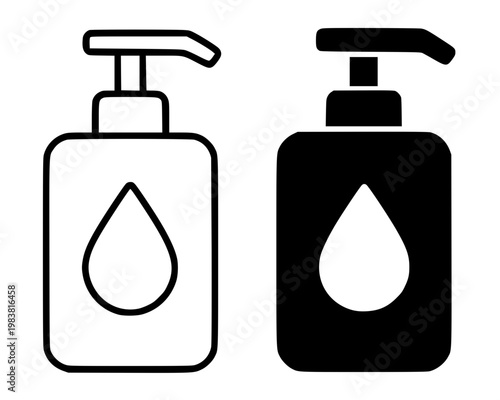 Liquid soap container minimalist icon, in outline and silhouette design, isolated on transparent background