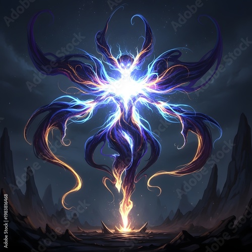 Glowing, swirling, purple, blue, and orange, abstract, fantasy, cosmic energy illustration