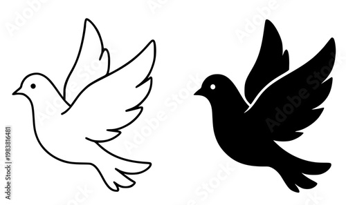 Flying dove minimalist icon, in outline and silhouette design, isolated on transparent background