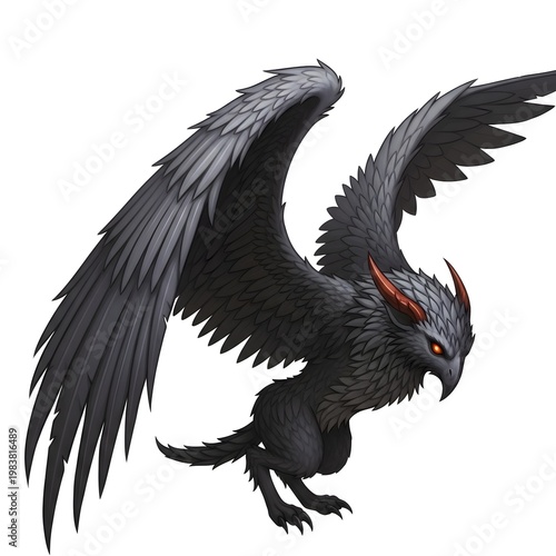 Dark fantasy creature, mythical winged beast, black Griffin, fierce monster