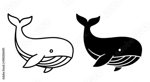 Whale minimalist icon, in outline and silhouette design, isolated on transparent background