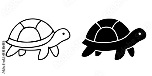 Tortoise minimalist icon, in outline and silhouette design, isolated on transparent background