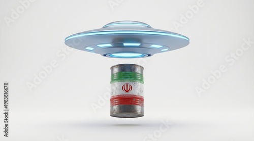ufo 3D render transporting a oil barrel with iran flag, on white background


