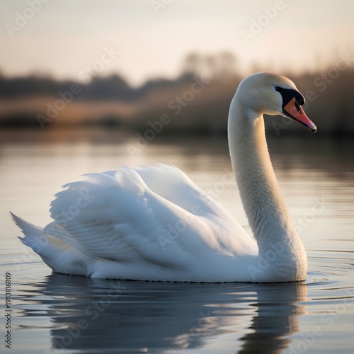 White swan, floating on water, serene lake scene, wildlife photography
