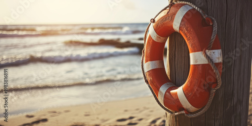 Life preserver on a beach post with ocean waves in the background