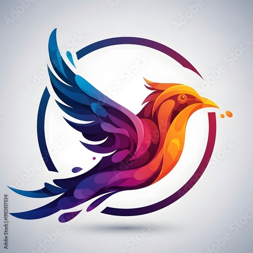 Vibrant, colorful bird logo, abstract phoenix icon, gradient avian emblem, circular symbol
