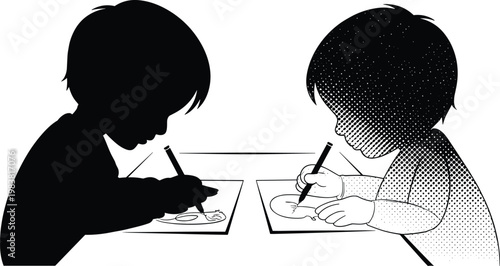 Children drawing at table silhouette, creative art concept, contrast figure design, individuality illustration, educational minimal black outline