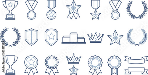 Set of blue outline icons featuring various achievement awards like trophies medals crowns and laurel wreaths