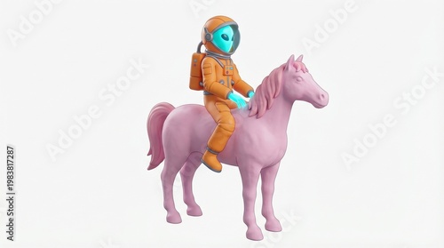 cyan skinny alien wearing a orange suit mounted on a light pink horse, on white background
