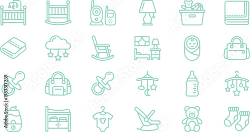 A comprehensive collection of outline baby care and nursery icons for newborn essentials, parenting, and childhood.