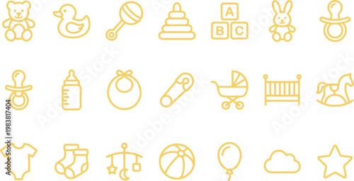 A comprehensive collection of adorable baby care and nursery outline icons in a cheerful yellow hue.