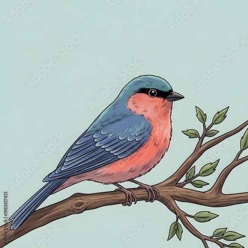 Colorful bird, blue and pink feathers, perched on branch, nature illustration, wildlife art