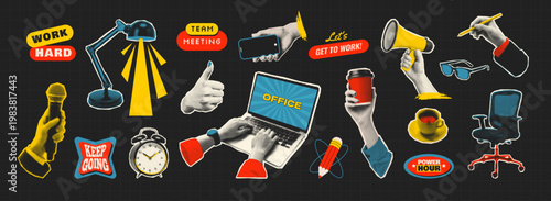 Funky business halftone collage elements set in retro pop art style with office objects, hands and motivational stickers. Teamwork, productivity, business and social media concept.