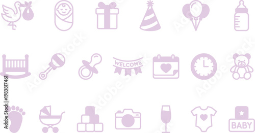 A comprehensive collection of adorable, purple, line art baby icons and related symbols for design projects.