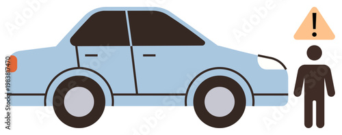 Road safety, driving awareness, pedestrian warnings, accident prevention, transportation regulations, public safety. Car with a warning sign and a pedestrian figure. Road safety and driving awareness