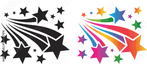 Shooting star icons with colorful trails and sparkling star shapes