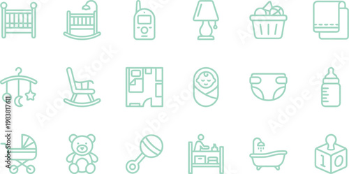 Set of light green linear nursery icons featuring essential baby gear and accessories for infant care routines