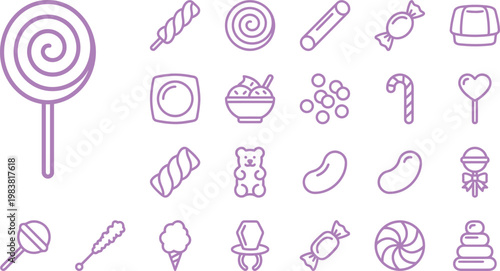 This charming set of purple line art icons showcases a wide variety of delightful, sugary candies and sweet treats.
