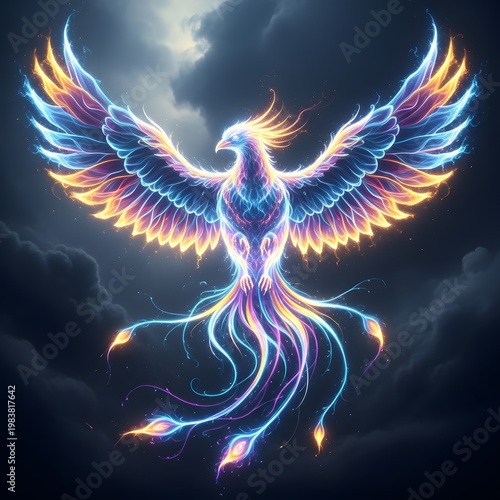Vibrant neon phoenix, glowing bird, colorful illustration, fantasy creature