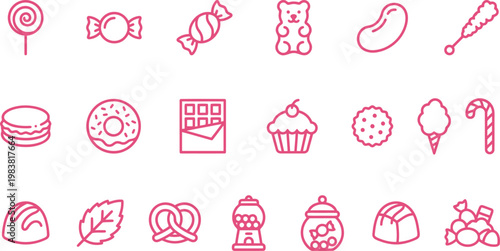 A charming collection of various pink outline candy, dessert, and sweet treat line icons.