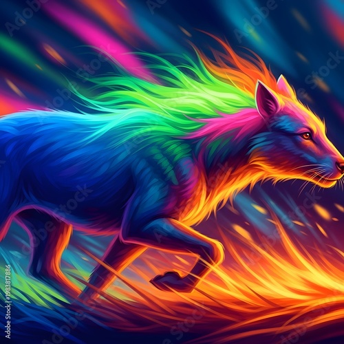 Neon wolf, colorful animal, rainbow hues, vibrant illustration, motion blur